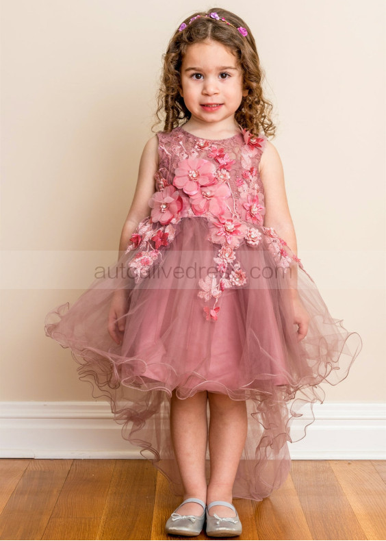 Beaded Mauve Lace Tulle High Low Flower Girl Dress